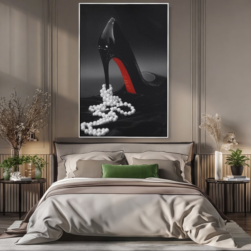 Tablou canvas cu tablou canvas cu pantof si perle, in rama de aluminiu argintiu, pe perete intr-un dormitor